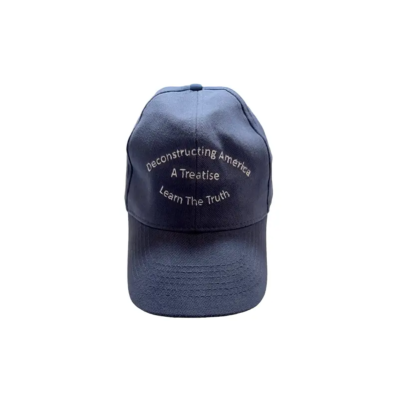 Navy blue baseball cap with arched embroidered chest text 'Deconstructing America A Treatise Learn The Truth' in cream thread, official merchandise for the book by G.H. Spears