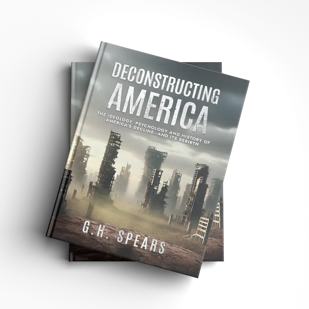 Angled 3D book mockup for Deconstructing America showing foggy ruined towers cover and author G.H. Spears