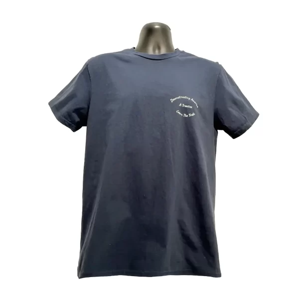 Navy blue Deconstructing America T-shirt on mannequin – chest print with arched text 'Deconstructing America A Treatise Learn The Truth' in cream, official merchandise for the book by G.H. Spears